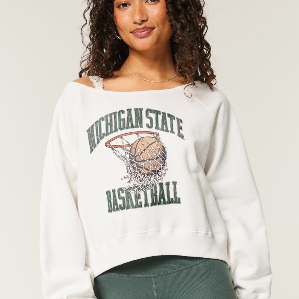 Hollister White Michigan State Basketball off the shoulder Sweatshirt XXS
